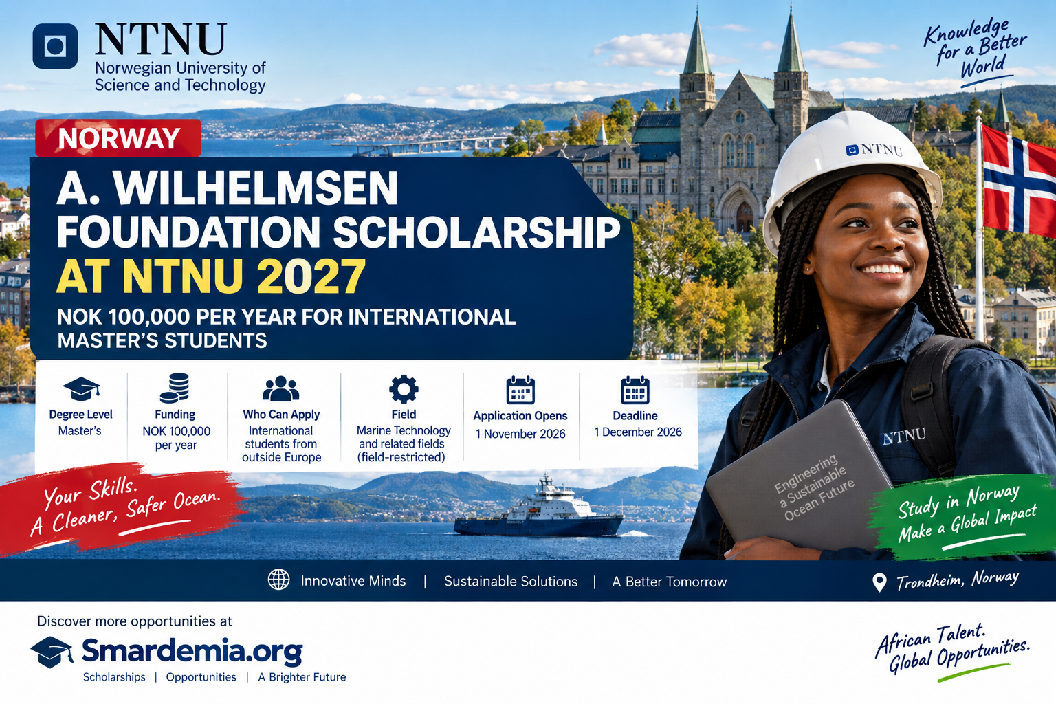 Norway: A. Wilhelmsen Foundation Scholarship at NTNU 2027 — NOK 100,000 Per Year for International Master’s Students